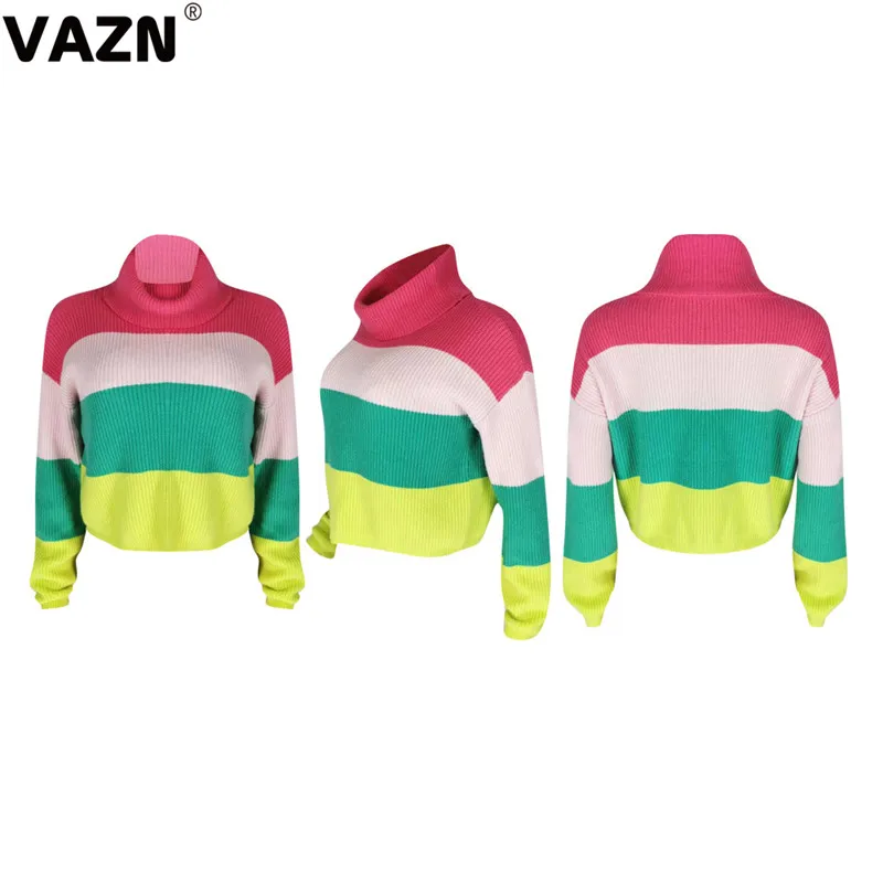 VAZN Striped Tall Neck Spring hot casual coat sweatshirt women full sleeve sweatshirt lady drop-shoulder short sweatshirt