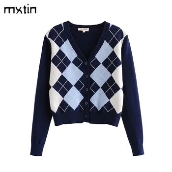vintage stylish geometric rhombic cardigan sweater women 2020 fashion autumn warm long sleeve outerwear chic england style tops