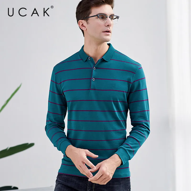 

UCAK Brand T-Shirts Men Long Striped Casual T Shirt Spring Turn-down Collar Tee Shirt 2020 New Arrival Streetwear Tshirt U5034