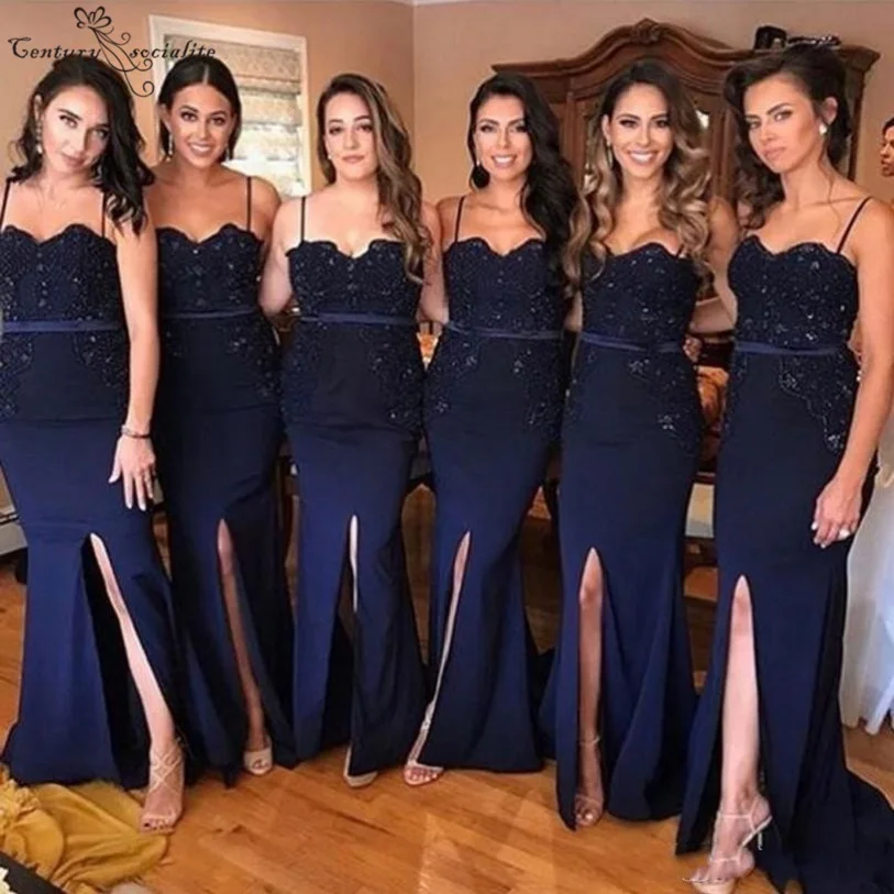 Темно-синее платье подружки невесты в стиле русалки 2019 боковая раскол аппликации бисером молния сзади горничной невесты платье выпускного