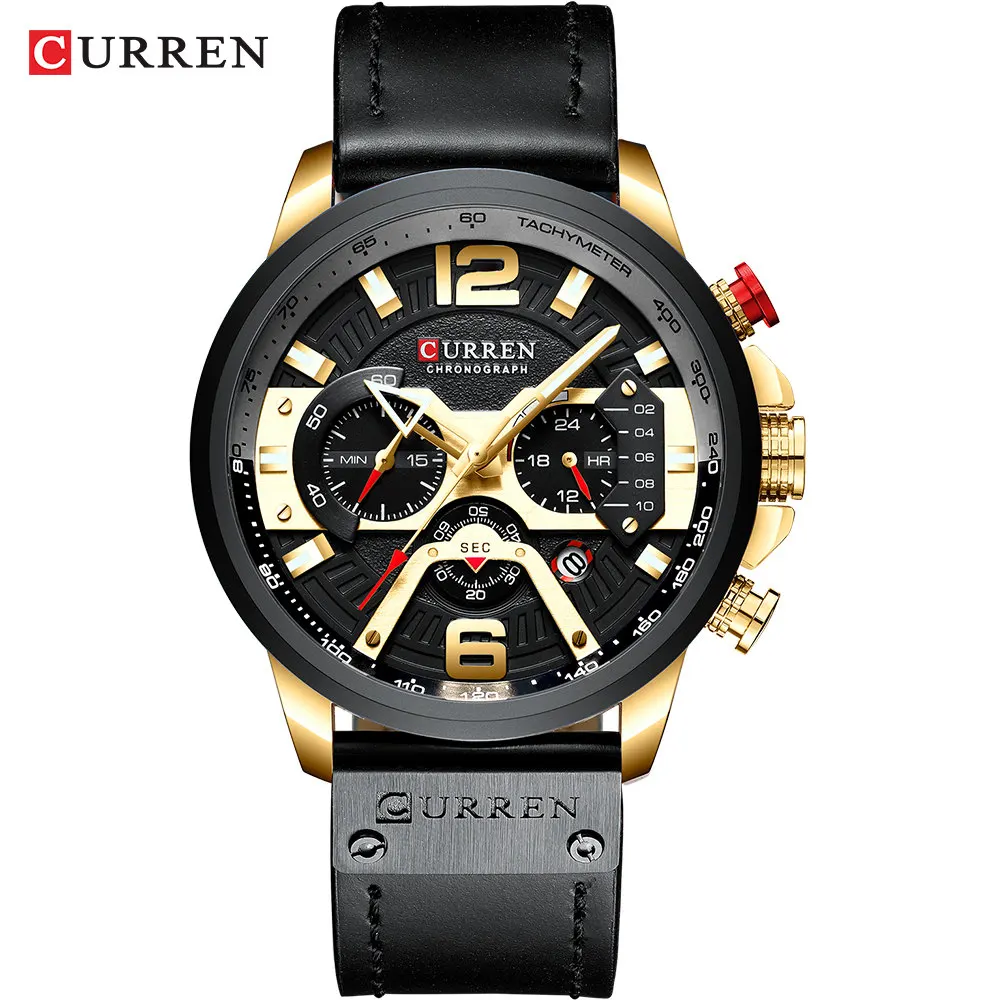 gold black watch Мужские наручные часы CURREN на кожаном ремешке, голубые, с секундомером - Цвет: gold black watch