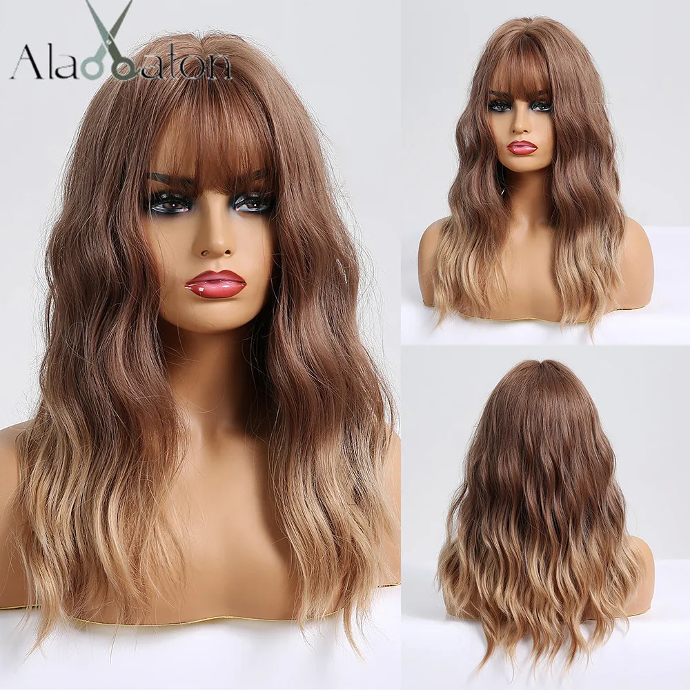 

ALAN EATON Long Wave Ombre Brown Blonde Wigs with Bangs High Temperature Fiber Synthetic Wigs for Black Women Afro Cosplay Wigs