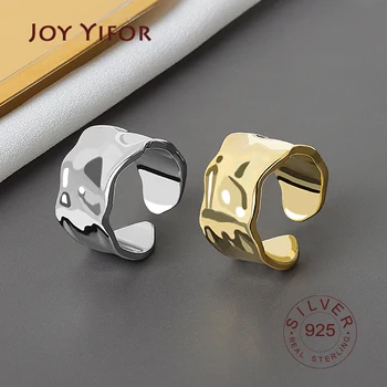 

Real 925 Sterling Silver Minimalist Geometric simple wide gold color Adjustable Ring For Fashion Women Party Fine Jewelry