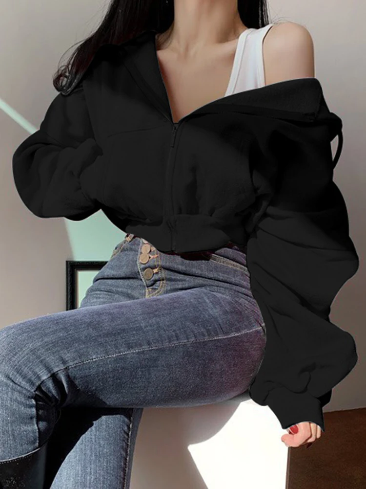 IAMSURE Short Hoodies Women Solid Sweatshirt Tracksuit Long Sleeve Female Crop Top 2020 Fashion Korean Clothing Harajuku