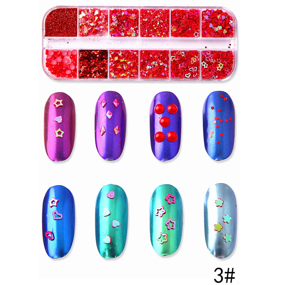 03 12 Colors/box Nail Art Holographic Sequins Glitter Flakes UV Gel Nail Polish Heart Star Self-adhesive Nail Art DIY Nail Decor - Цвет: 03