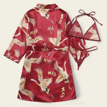 

Pijamas Sets Women Floral Print Pajamas Set Wire Free Lace Bra Homewear Camisole Panty And Robe Set Female Sexy Pijama Sleepwear