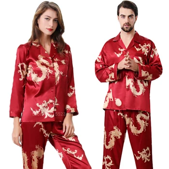 

Women Silk Satin Pajamas Set 2PCs Full Sleeve Top Trousers Chinese Style New Year Dragon Print Lounge Men Couple's Pyjamas PJs