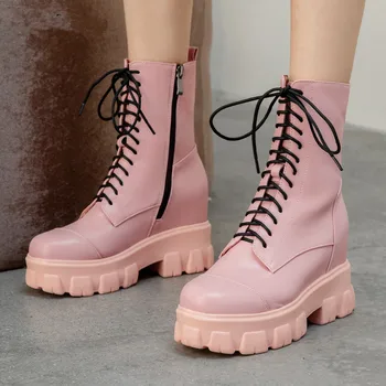 comprar Nova Chegada Mulher Botas De Outono Plataforma Robusta Preto Rosa Branco Couro Laço-up Calcanhar Grosso Tornozelo Botas Respirável Punk Goth
