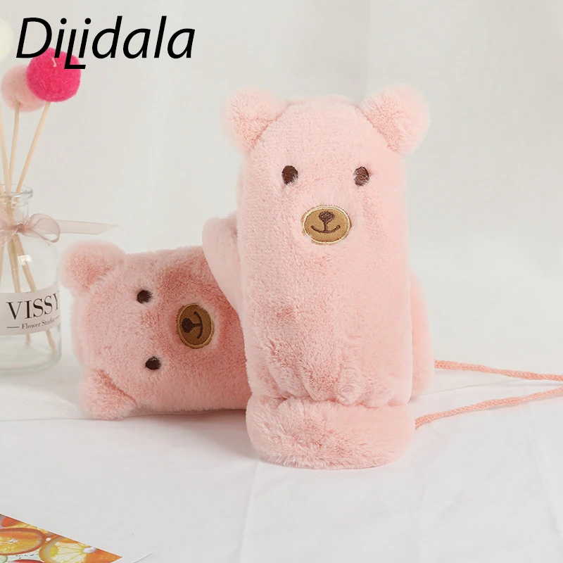 

Dilidala Children's Plush Warm Bear Gloves Winter Outdoor Children's Cartoon Cute Shape Hanging Neck Beam Gloves With Rope