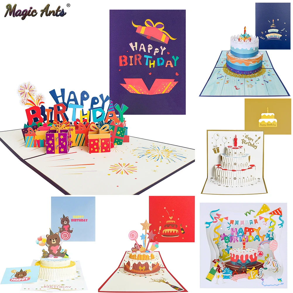 3D Pop UP Cards Birthday Card Cake Greeting Postcards Stickers Kids Girls Gifts