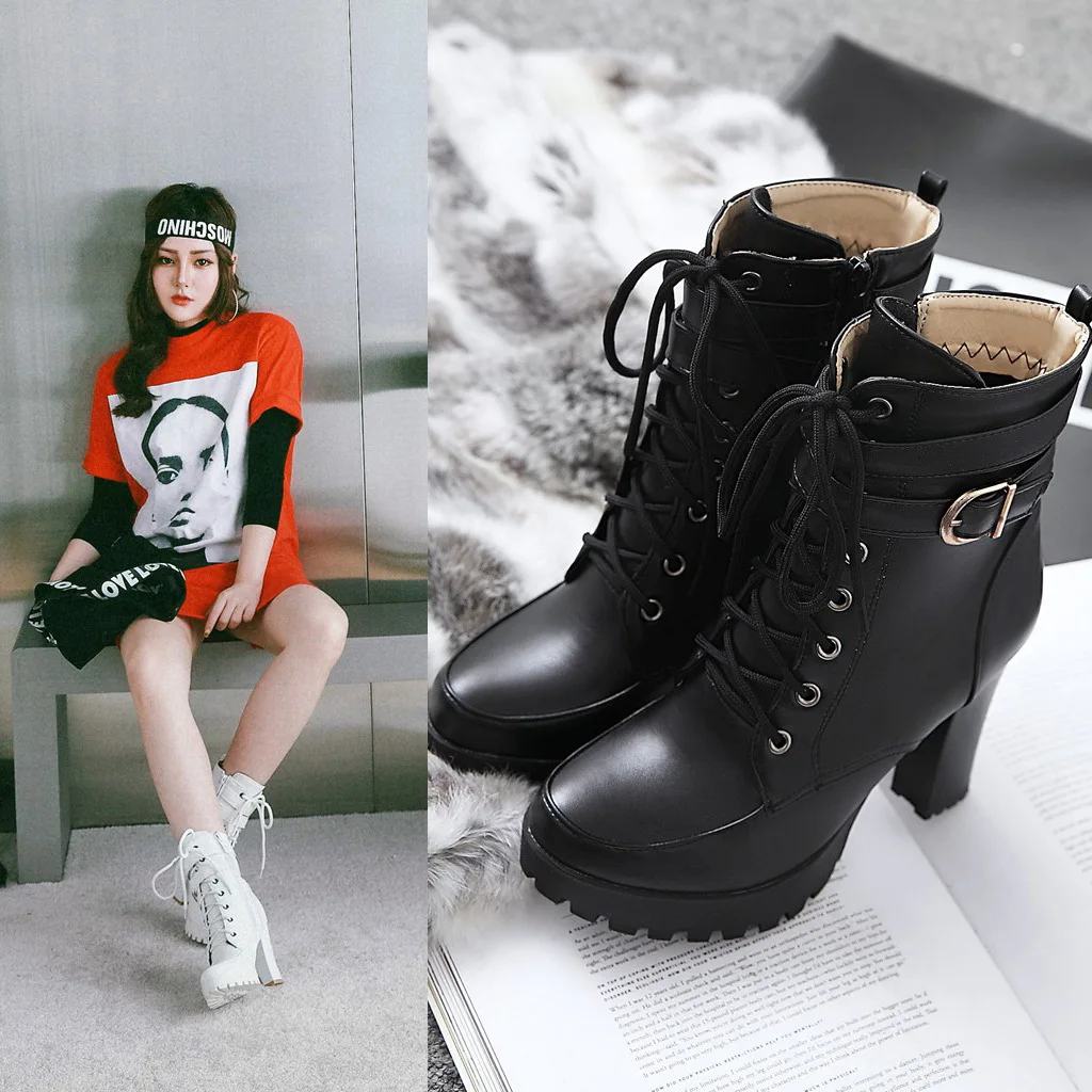 High Heels Women Ankle Boots Lace Up Fall Winter Platform Ladies Boots Large Size Fashion Shoes White Black Brown