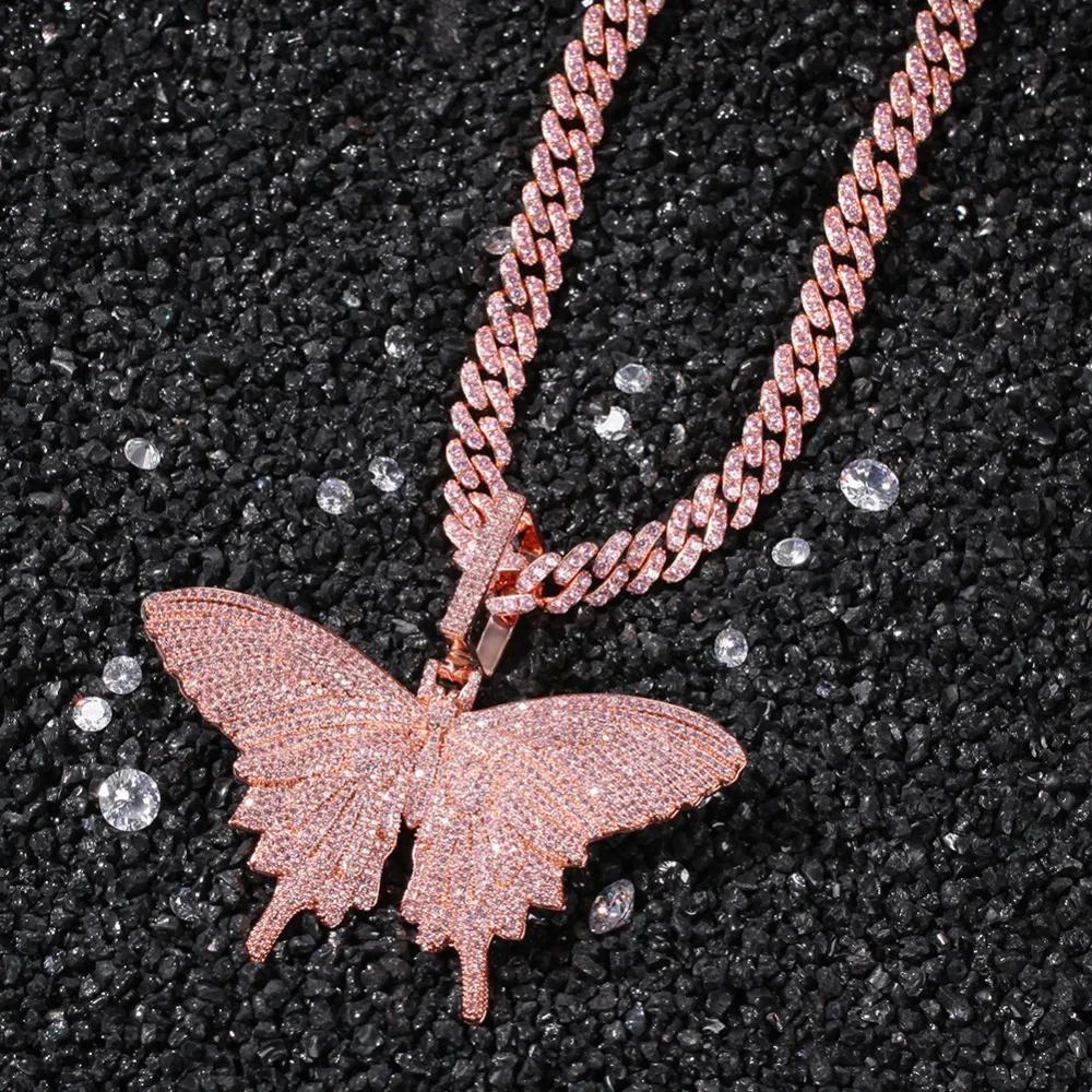 Все розовый кубический цирконий проложить Bling Ice Out бабочка Подвески Ожерелья теннис кубинская цепь для мужчин женщин хип хоп рэппер ювелирные изделия