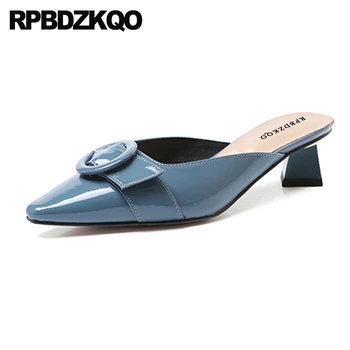 

thick 2019 women size 4 34 block formal blue pumps european designer shoes pointed toe genuine leather patent low heels office