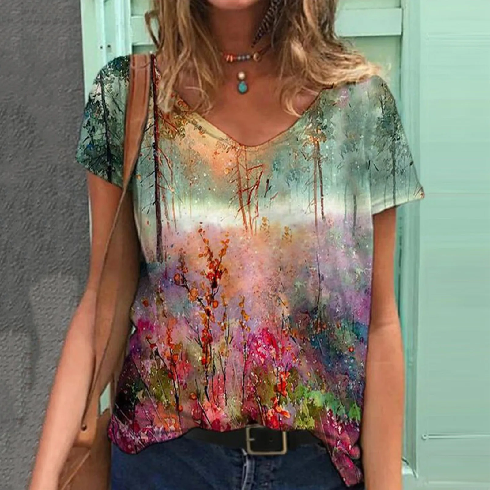 Plus Size T-shirt 2021 New Summer Harajuku Top Women Short Sleeve Printed V-neck Tops Tee Casual Vintage Woman Tshirts футболка 1