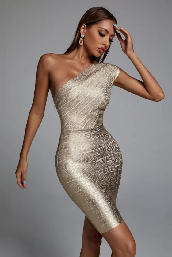 High Quality Celebrity One Shoulder Foiling Gold Print Rayon Bandage Dress Elegant Club Party Dress Vestidos 1