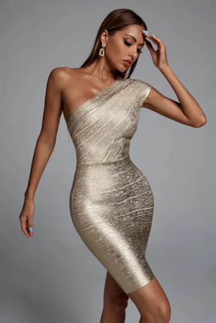 High Quality Celebrity One Shoulder Foiling Gold Print Rayon Bandage Dress Elegant Club Party Dress Vestidos 1
