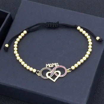 

Heart Shape Letter Mama Rope Adjustable Handmade Bead Bracelets Bangles Crystal Rhinestone Copper CZ Jewelry For Mother's Day