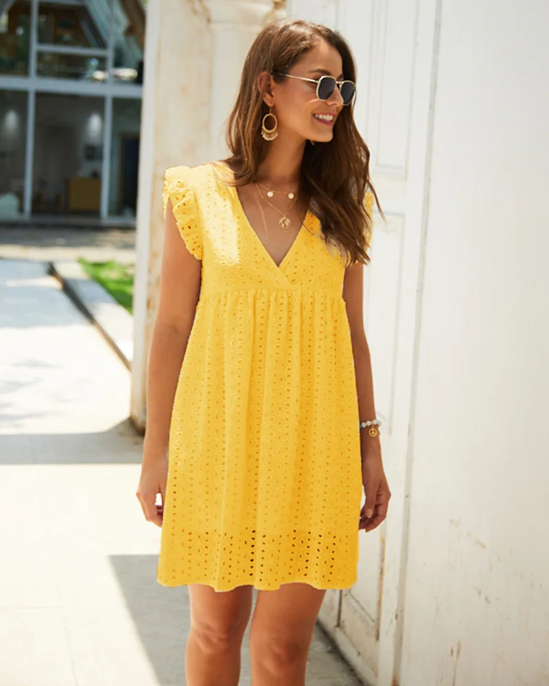 Summer Women Dress New Fashion Woman Casual Ruffles Loose Dress Sexy V-Neck Lace Hollow Out White Dresses Vestidos