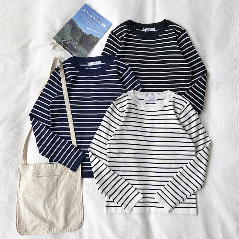 

Stripe Women Long Sleeve T Shirt Slim Stretchy Fall 2019 New Korean Style Tee Shirt Tops