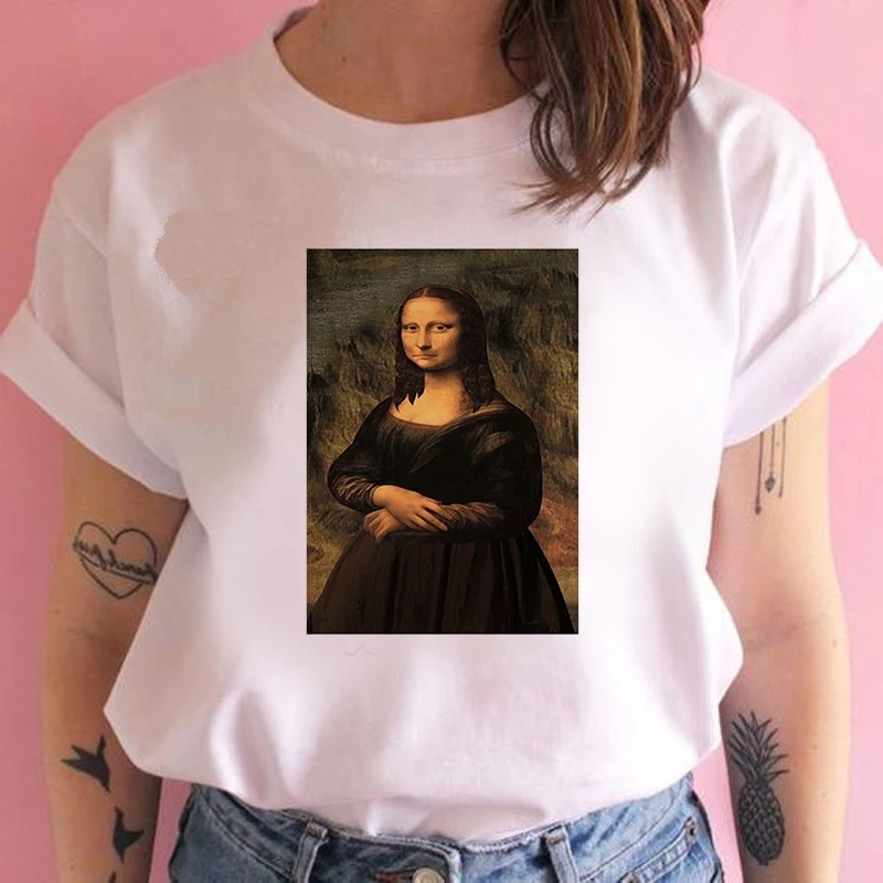 Women's Wreath T-shirt Mona Lisa clothes ladies short sleeve Kawaii Tees top graphic T-shirt   printing T-shirt female