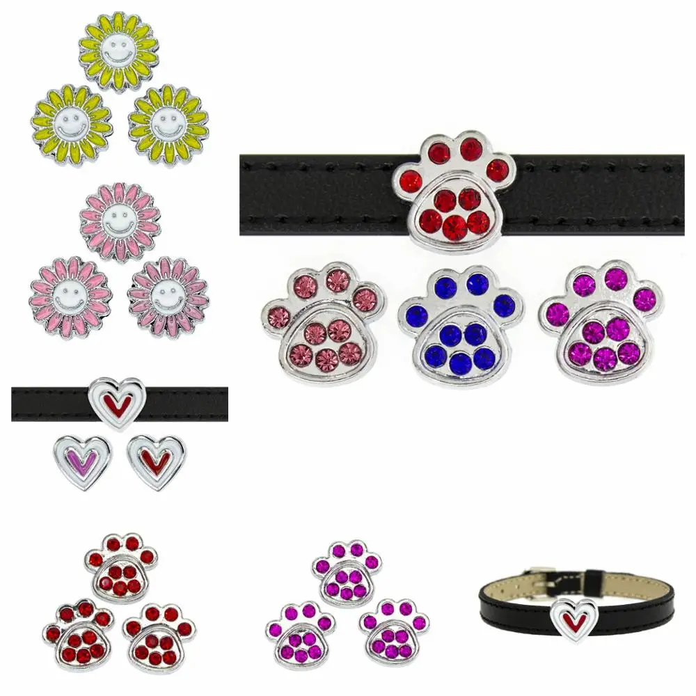 

50pcs rhinestone footprint paw heart flower Slide Charms DIY Accessories Internal Dia 8mm fit 8mm bracelets pet collar key chain