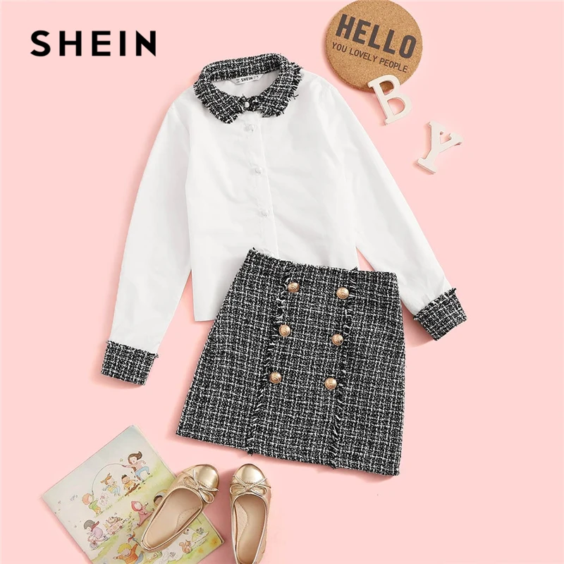 SHEIN/Детская черно-белая блузка с контрастным воротником и твидовая юбка консервативный комплект для детей г. Осенние повседневные комплекты с длинными рукавами