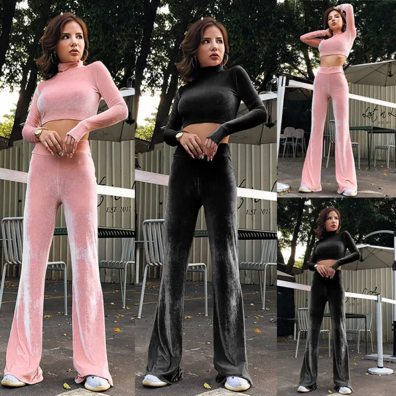 Women Solid Color Velour Crushed Jogger Crop Sweatshirt + Pants Velvet Trousers Tracksuit Set