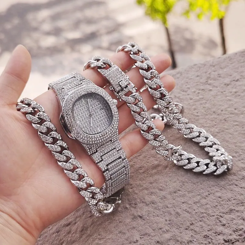 3Pcs Watch+Bracelet+Necklace Hip Hop Miami Cuban Chain Gold Watch Iced Out Paved Rhinestones CZ Bling Rapper Men Jewelry Joyas