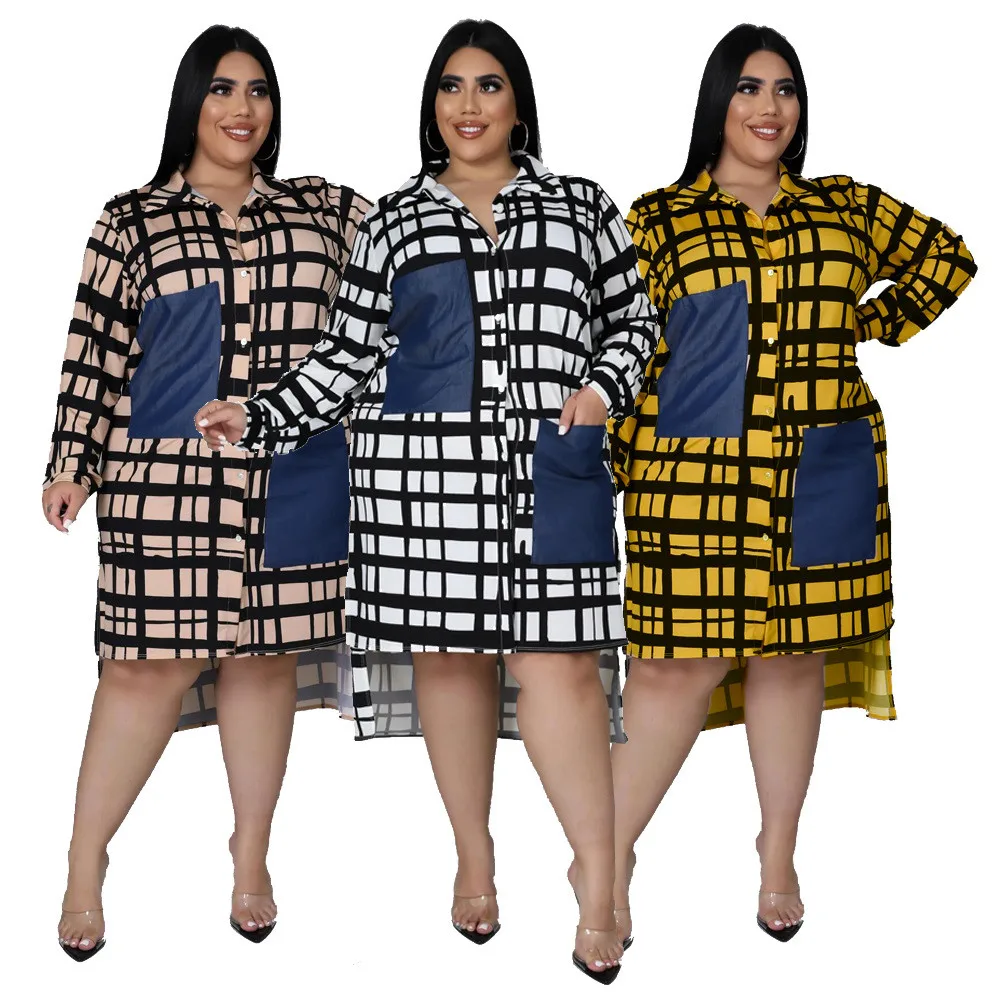 New Plus Size Dresses Women 2022 Wholesale Buttons Casual Long Sleeve Loose Office Lady Plaid Shirt Midi Dresses Dropshipping