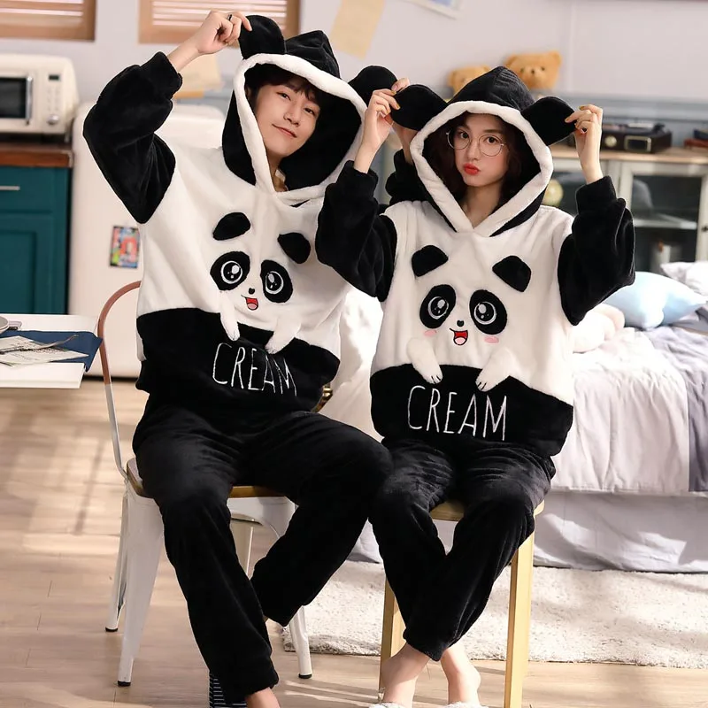Panda2 Зимняя одежда для сна для взрослых, бархатная утепленная Пижама с капюшоном, набор, унисекс, пара пижам, милая фланелевая теплая домашняя одежда для женщин - Цвет: Panda2