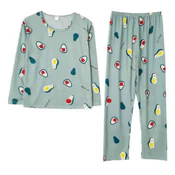 

Autumn Women Long Sleeve Pajamas Set Large Size 2 Piece Pyjamas Set Winter Green avocado Print Sleep Wear O Neck Home Wear Suit