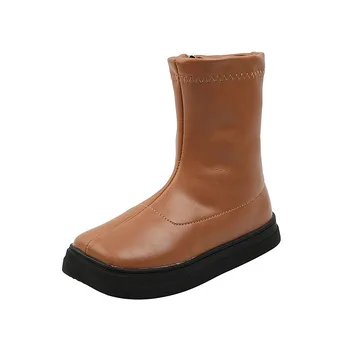 

Fashion Girls Boots Boys Leather Boots British European Style Simple Classic Zipper Children's Warm Cotton Boots Kids Snow Boots