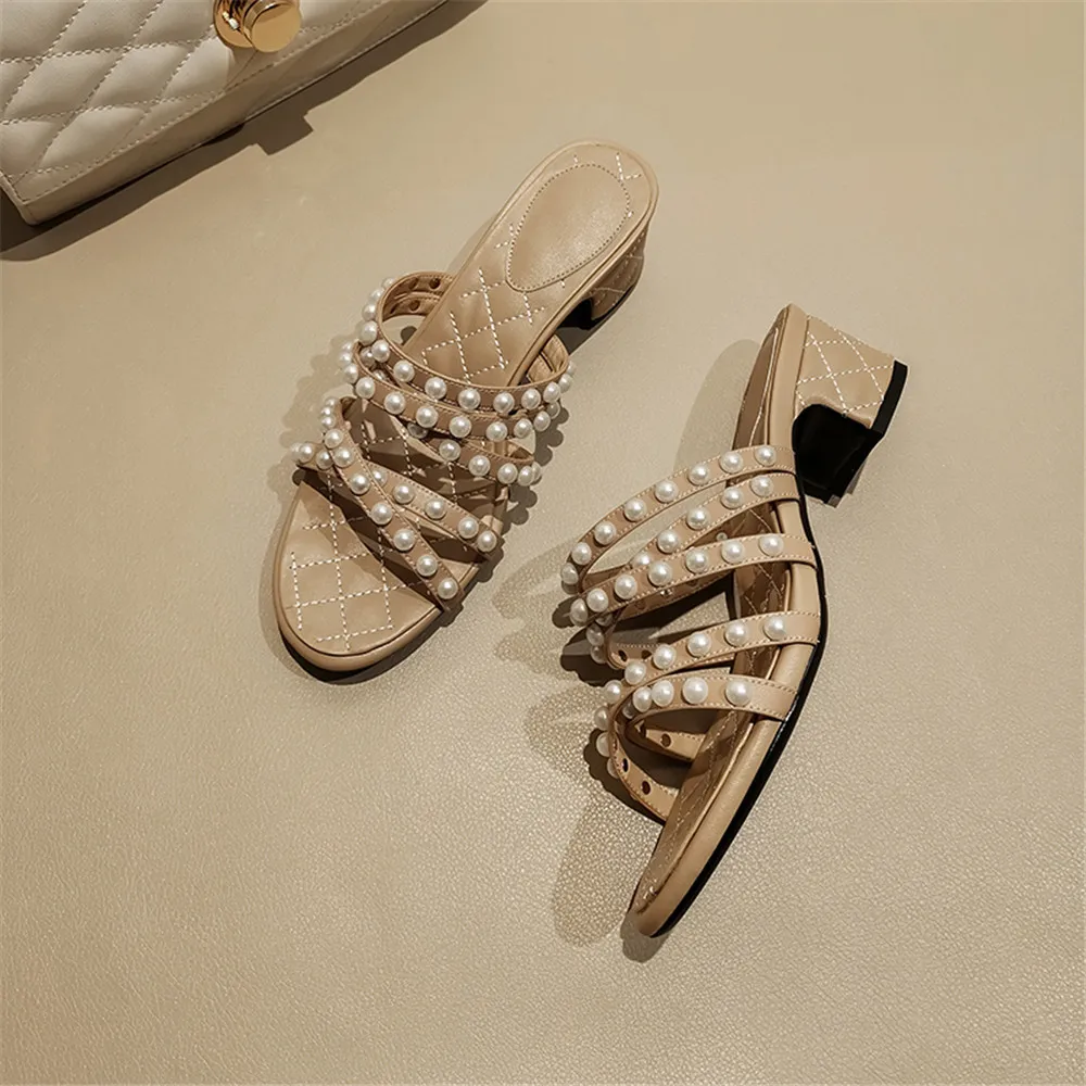 Drestrive/ г.; летние женские шлепанцы из коровьей кожи; модельные босоножки на толстом каблуке с бусинами для девочек; черные босоножки на среднем каблуке с круглым носком из натуральной кожи