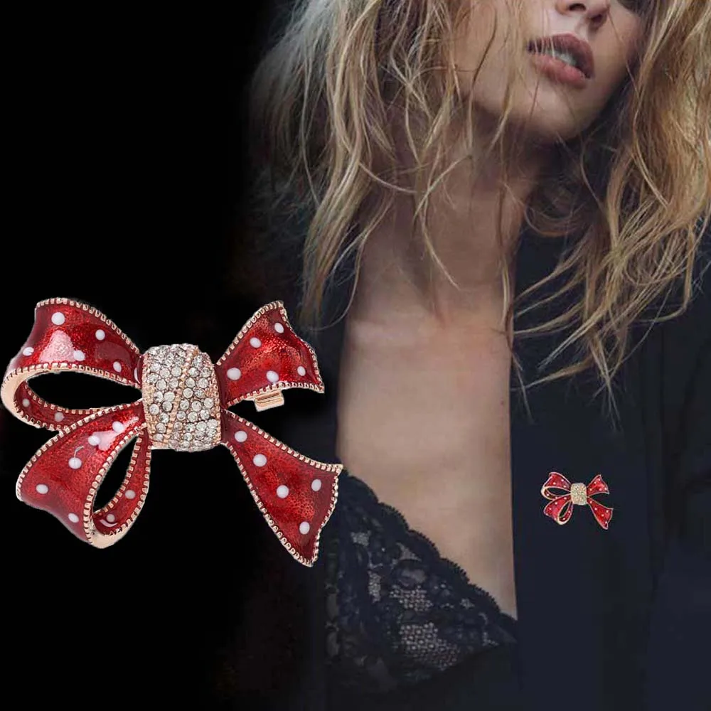 1pc Lovely Red Bow Bowknot Brooch Silver Color Inlay Full Tiny Crystal Enamel Brooches For Women Fashion Jewelry | Украшения и