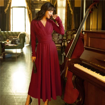 

YOSIMI 2019 Autumn Long Women Dress V-neck Elasticity Knitting Cotton Sweater Dresses Full Sleeve Mid-calf Empire Bandage Dress