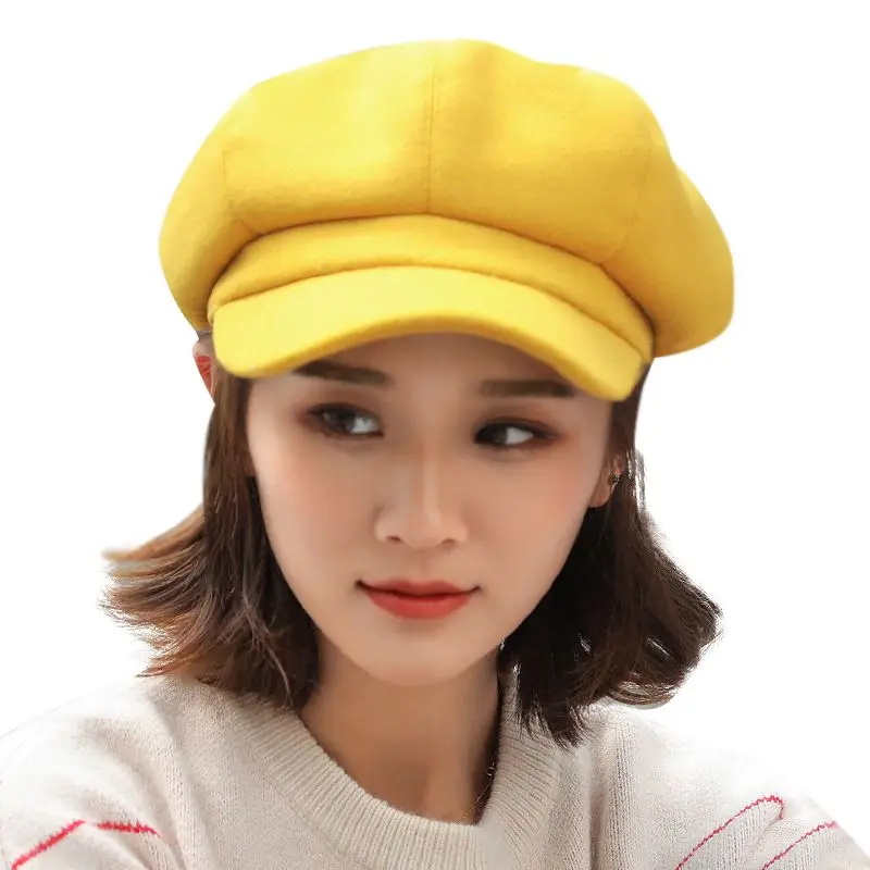 Autumn And Winter Knitted Beret Hat British Solid Color Wool Navy Octagonal Hat Solid Color - Цвет: Цвет: желтый