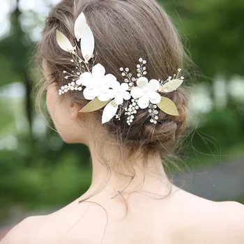 

J6151 NPASON Bride Headwear Pearl Hairpin Wedding Accessories Edge Clamp Design Diy Leaf Hair Decorate