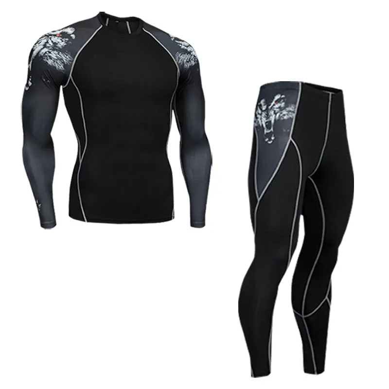 sets men's clothing compression men t-shirt+ leggings rashgard kit long sleeves top for fitness man tracksuit thermal underwear base - Цвет: sets