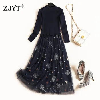 

2019 New Autumn Winter Women Clothes Elegant Long Sleeve Tulle Patchwork Aline Mid Calf Knitting Sweater Dress Vestidos