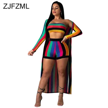 

Rainbow Striped Sexy 3 Piece Set Tracksuit for Women Strapless Bra Top + Full Sleeve X-Long Coat + Bodycon Shorts Club Outfits