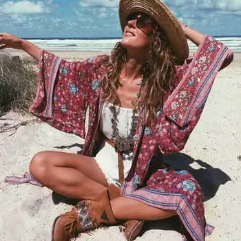 

BacklakeGirls V Neck Long Sleeve Red Flower Print Evening Dress Long Sexy Gown Beach Dress Free Size Cardigan Vestido De Noite