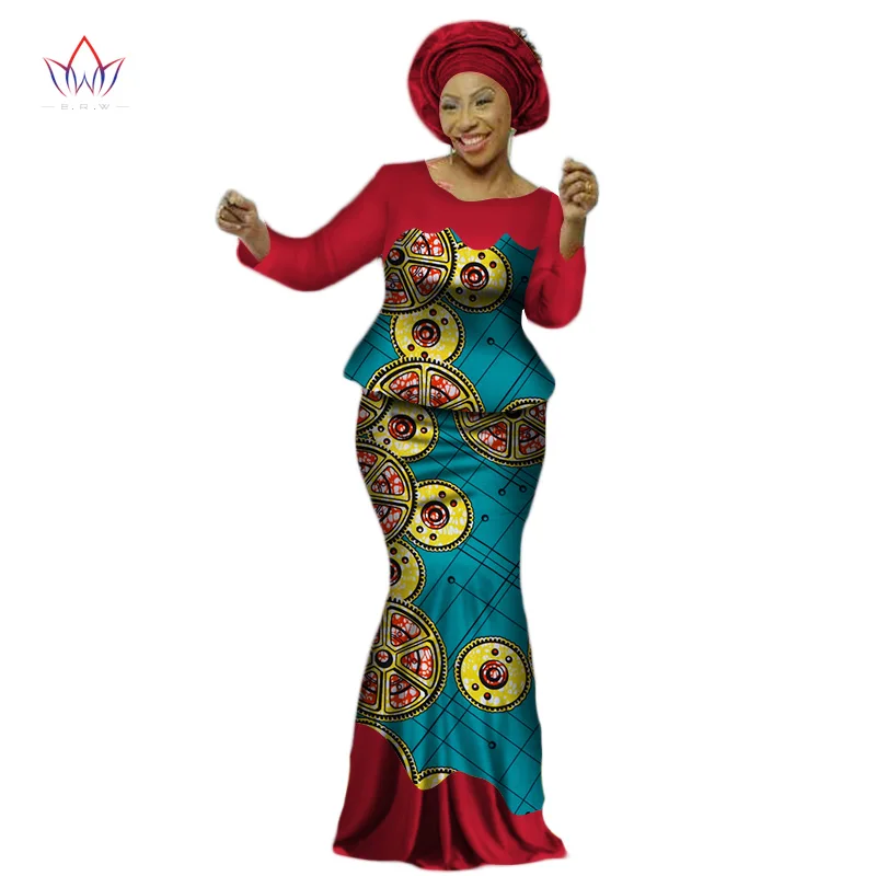 Africa Style Bazin Riche Dresses for Women Two Pieces Set Women Long Sleeve Tops and Long African Print Skirt Plus Size WY2454 - Цвет: 17
