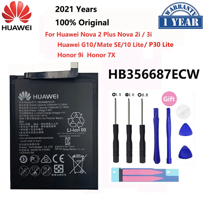 Оригинальный аккумулятор Hua Wei 3340 мАч HB356687ECW для Huawei Nova 2 plus 2i 3i G10 Mate 10 Lite Honor 7x 9i P30
