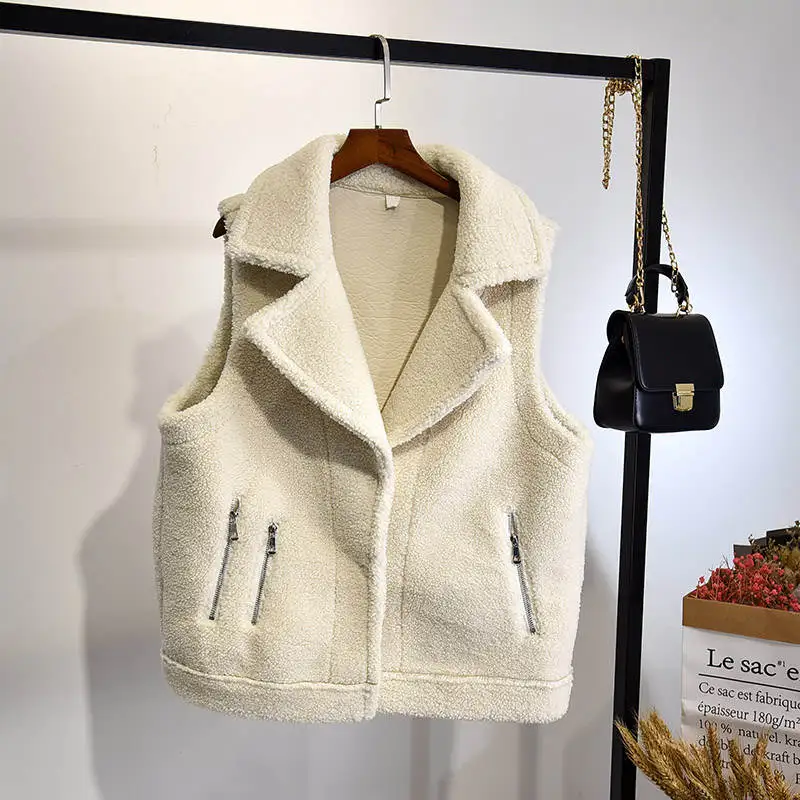 beige color Модный жилет из овечьей шерсти, Женская куртка без рукавов на осень и зиму, женская короткая куртка из овечьей шерсти, жилет Chaleco Mujer C5713 - Цвет: beige color