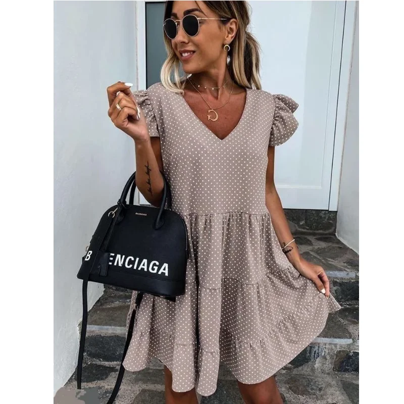 

Women Vintage Polka Dot Ruffled A-line Dress Sleeveless Sexy V neck Flare Sleeve Elegant Casual Mini Dress 2021 Summer New Dress