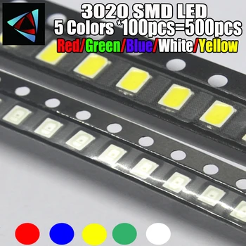 

5 x 100pcs/Color=500pcs New 3020 Red/Green/Blue/White/Yellow SMD LED kit