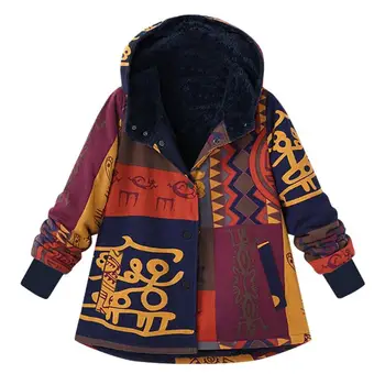 

Ethnic Plus Size Ladies Printing Fleece Hoodies Long Sleeve Thickened Coat Winter Autumn Women Casual Single-breasted Outwear