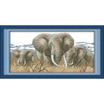 

Patterns Cross Stitch Kits for Embroidery Crafts Needlepoint Set 11CT 14CT Stamped Fabric Stitching Elephants Wall Home Decor