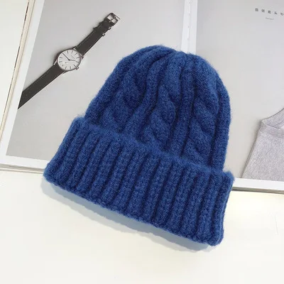 blue Женские шапки Skullies, зимние теплые трикотажные шапки для дам, дикая плотная вязаная Шапочка, шапка, новая мода, шерстяной берет, шапочка - Цвет: blue