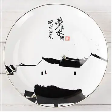 C Chinese landscape painting ceramic dish wall hanging for Home Wall Decor Painting Plates Display Ceramic Craft Round - Color: C